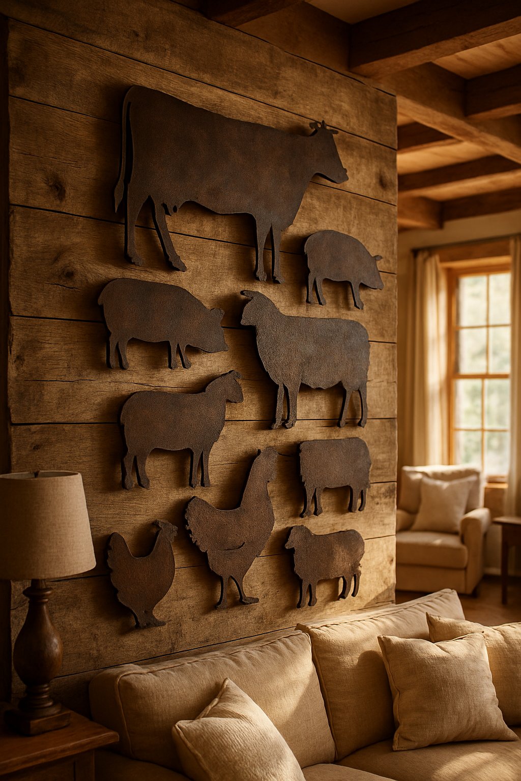 A rustic metal wall art depicting farm animals hanging on a wooden wall in a farmhouse living room.