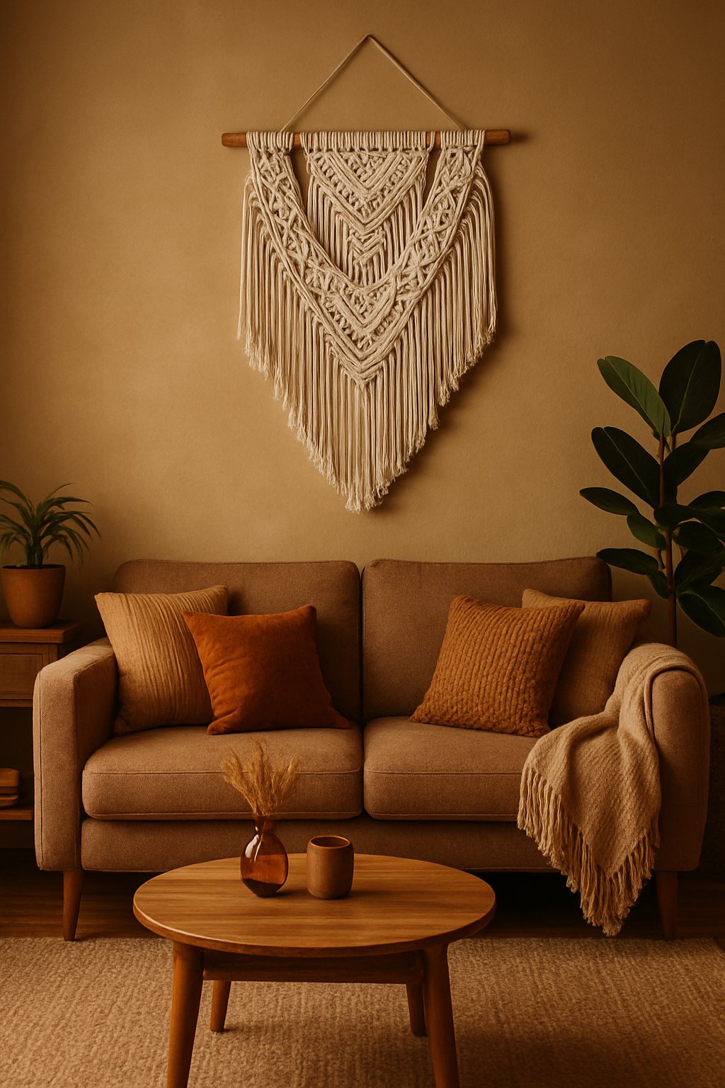 A living room with a macramé wall hanging above a sofa surrounded by wooden furniture and plants.