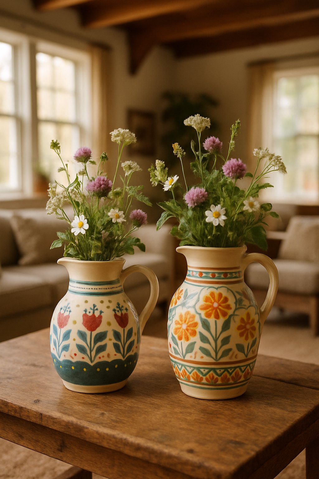 Hand-painted ceramic pitchers holding flowers on a wooden table in a cozy living room with natural light and farmhouse furniture.