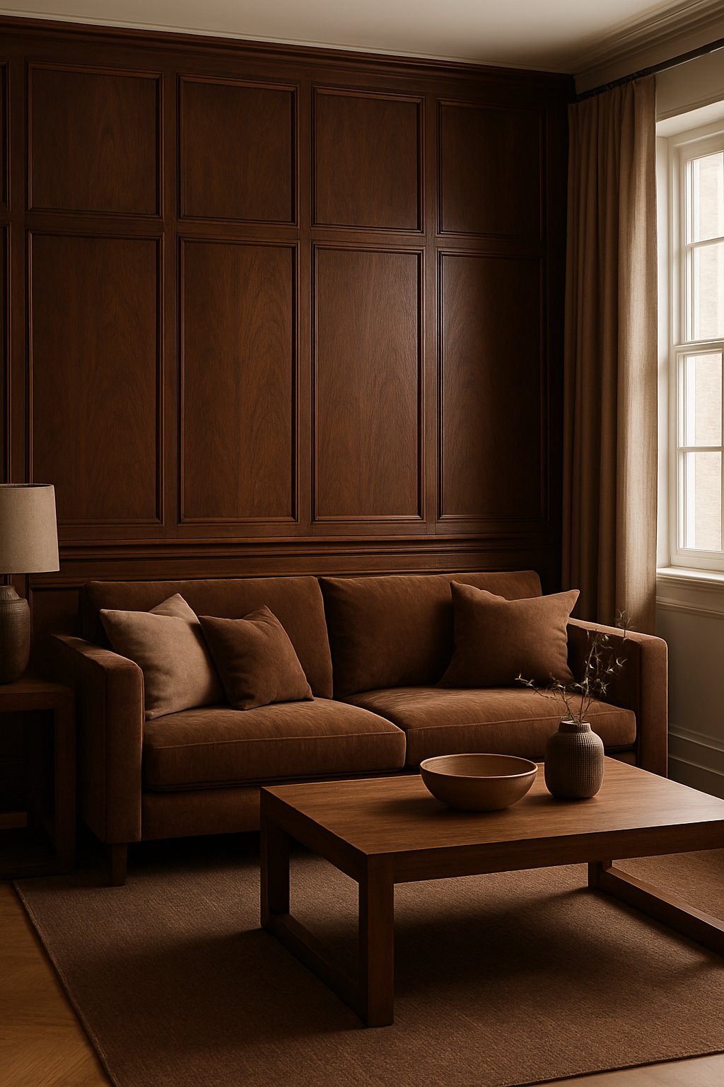 A living room with a walnut paneled accent wall, brown sofa, wooden coffee table, and soft natural lighting.