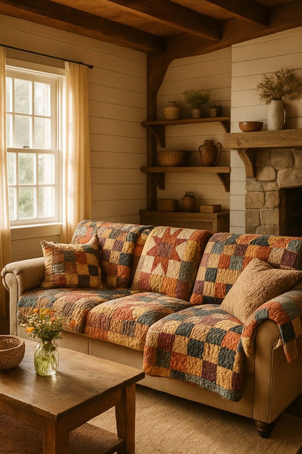 A cozy living room with a couch covered in colorful patchwork quilts, wooden beams, and farmhouse decor.
