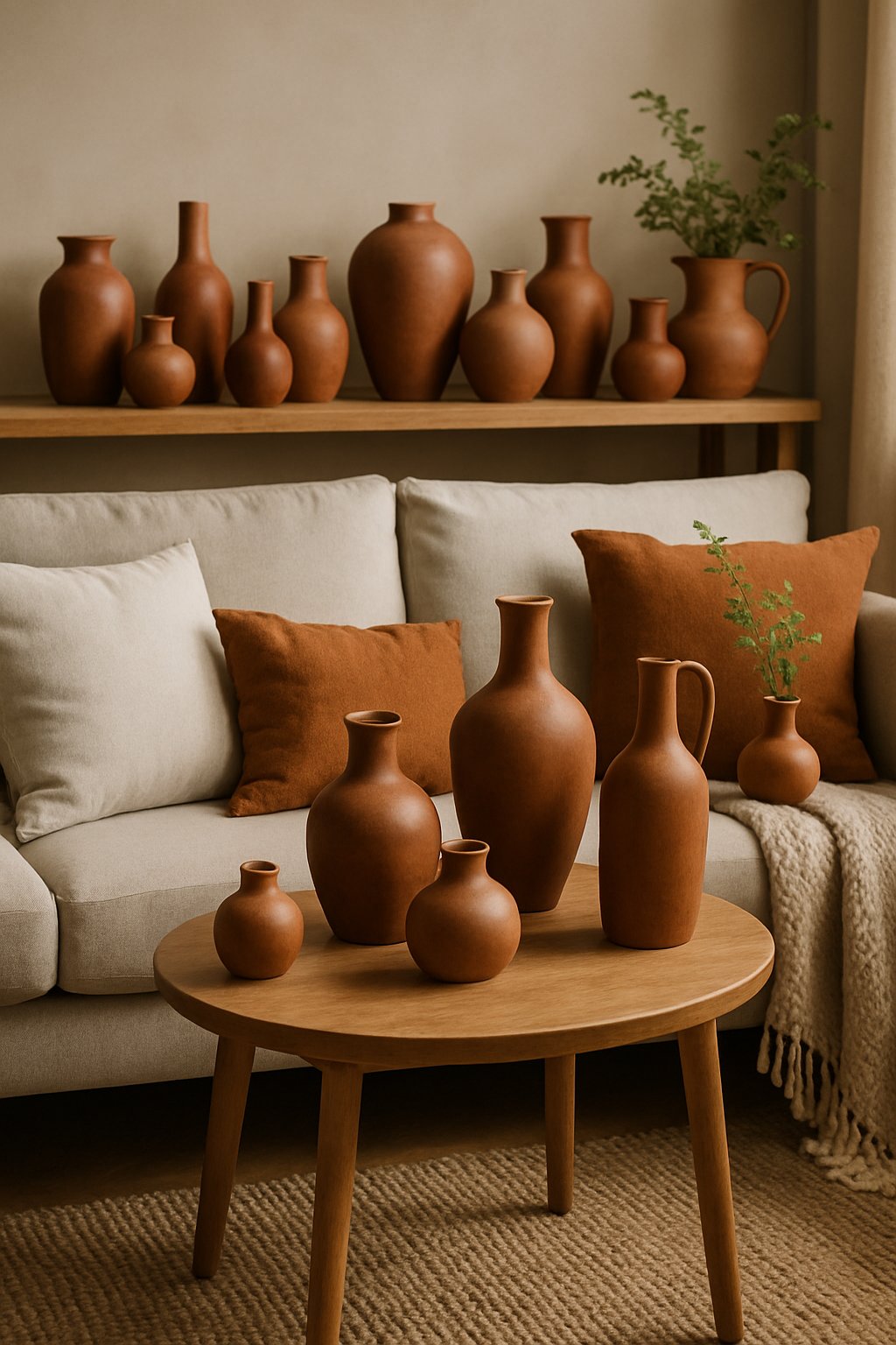 A living room with ceramic vases in burnt sienna tones displayed on shelves and tables, surrounded by furniture and plants.