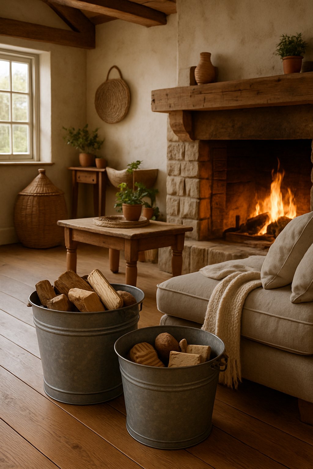 A farmhouse living room with galvanized metal buckets holding logs near a fireplace, surrounded by rustic furniture and natural light.
