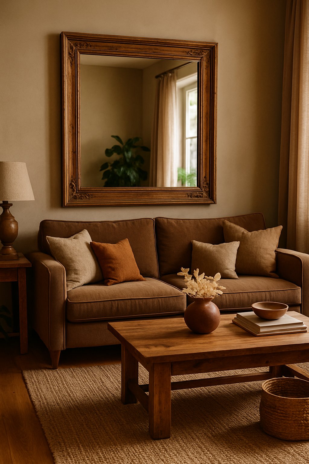 A living room with an oversized antique wood framed mirror on the wall, surrounded by brown furniture and decor.