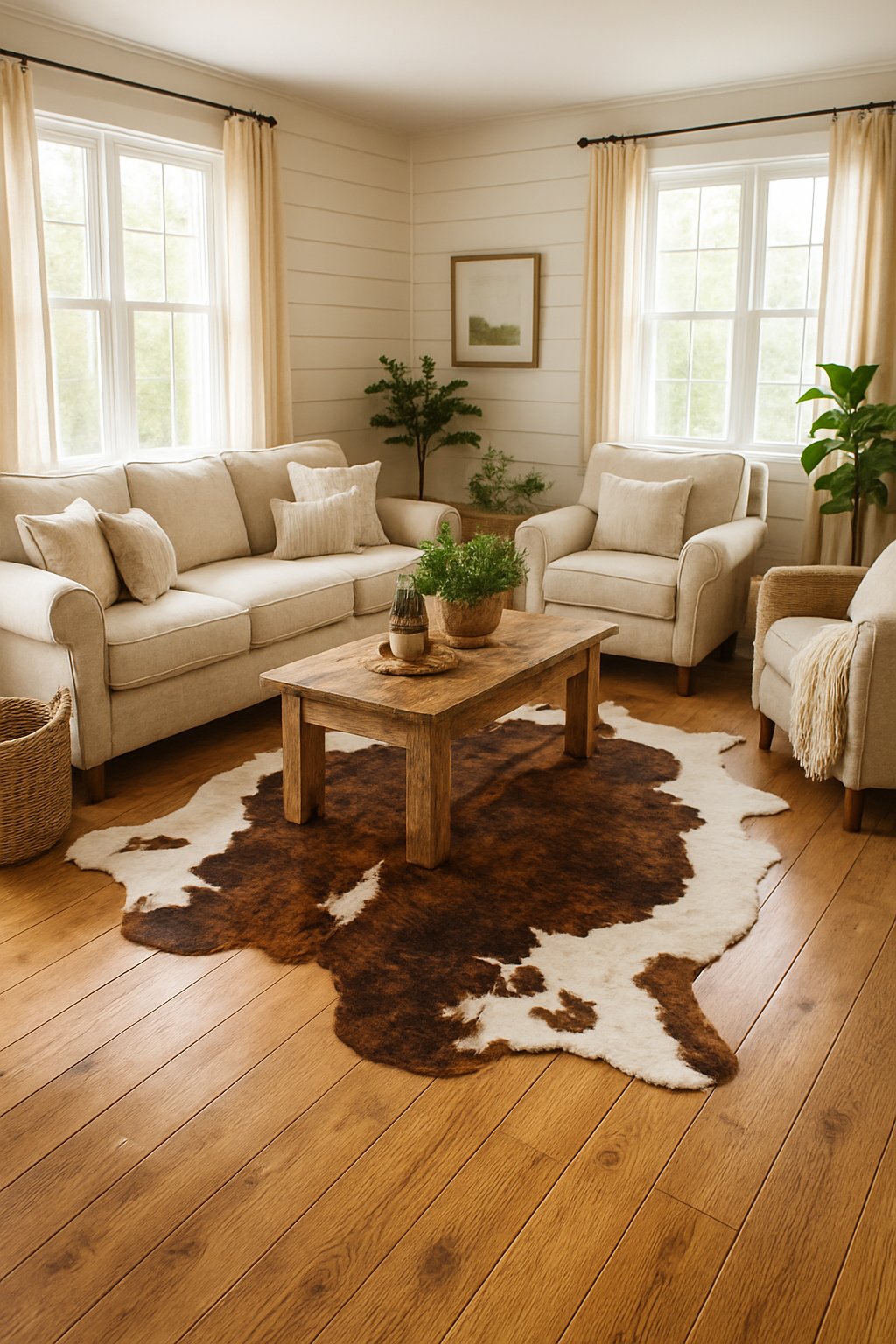 A bright farmhouse living room with a large cowhide rug on the wooden floor, surrounded by cozy furniture and rustic decor.