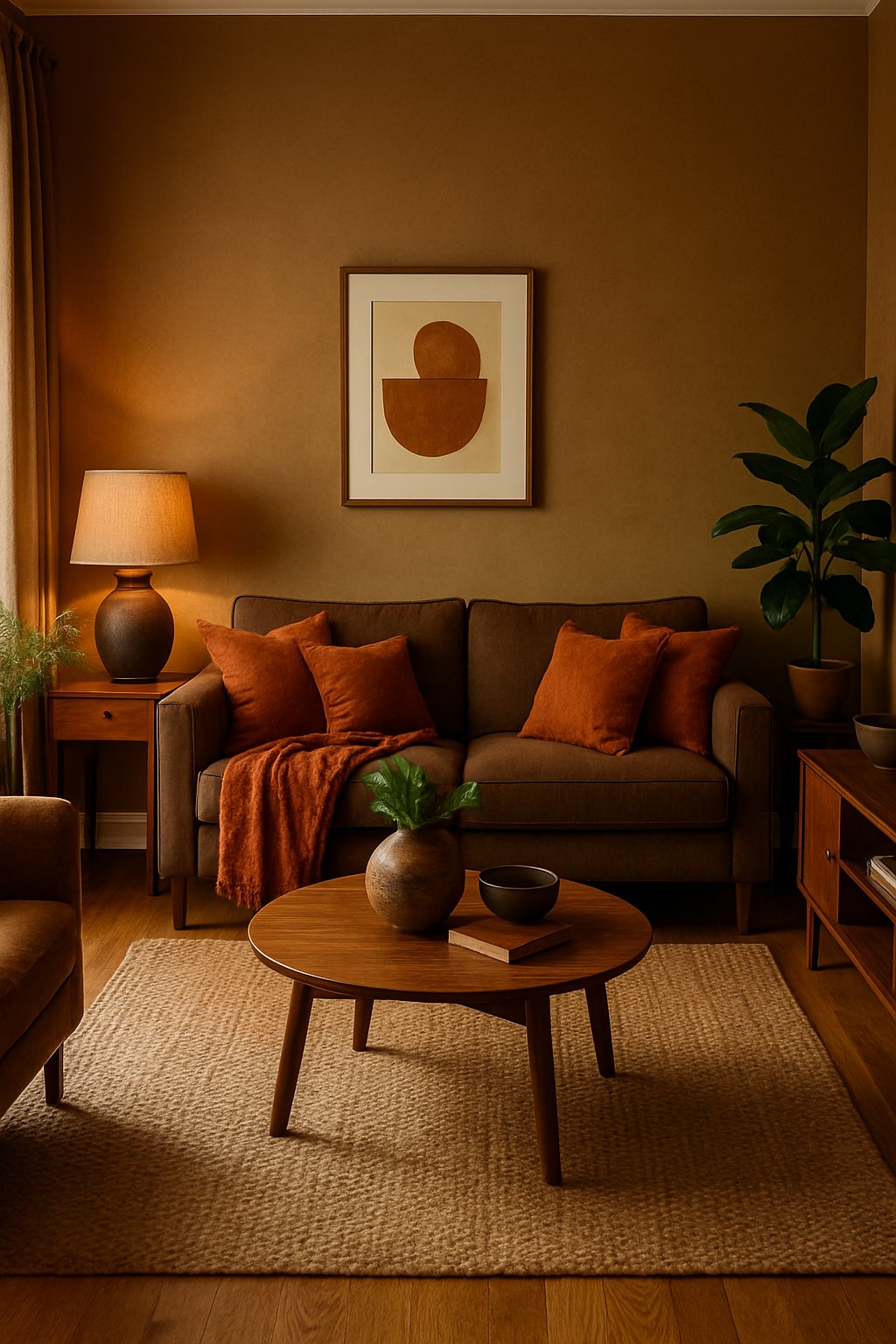 A living room with a brown sofa, burnt orange throws, wooden furniture, plants, and warm lighting.