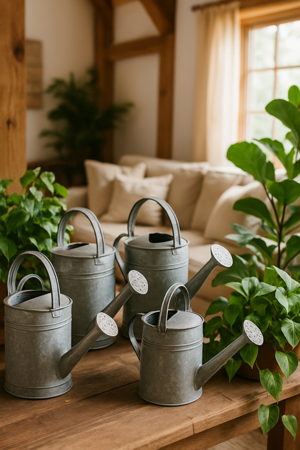 Old-fashioned galvanized watering cans displayed among green houseplants in a farmhouse living room.
