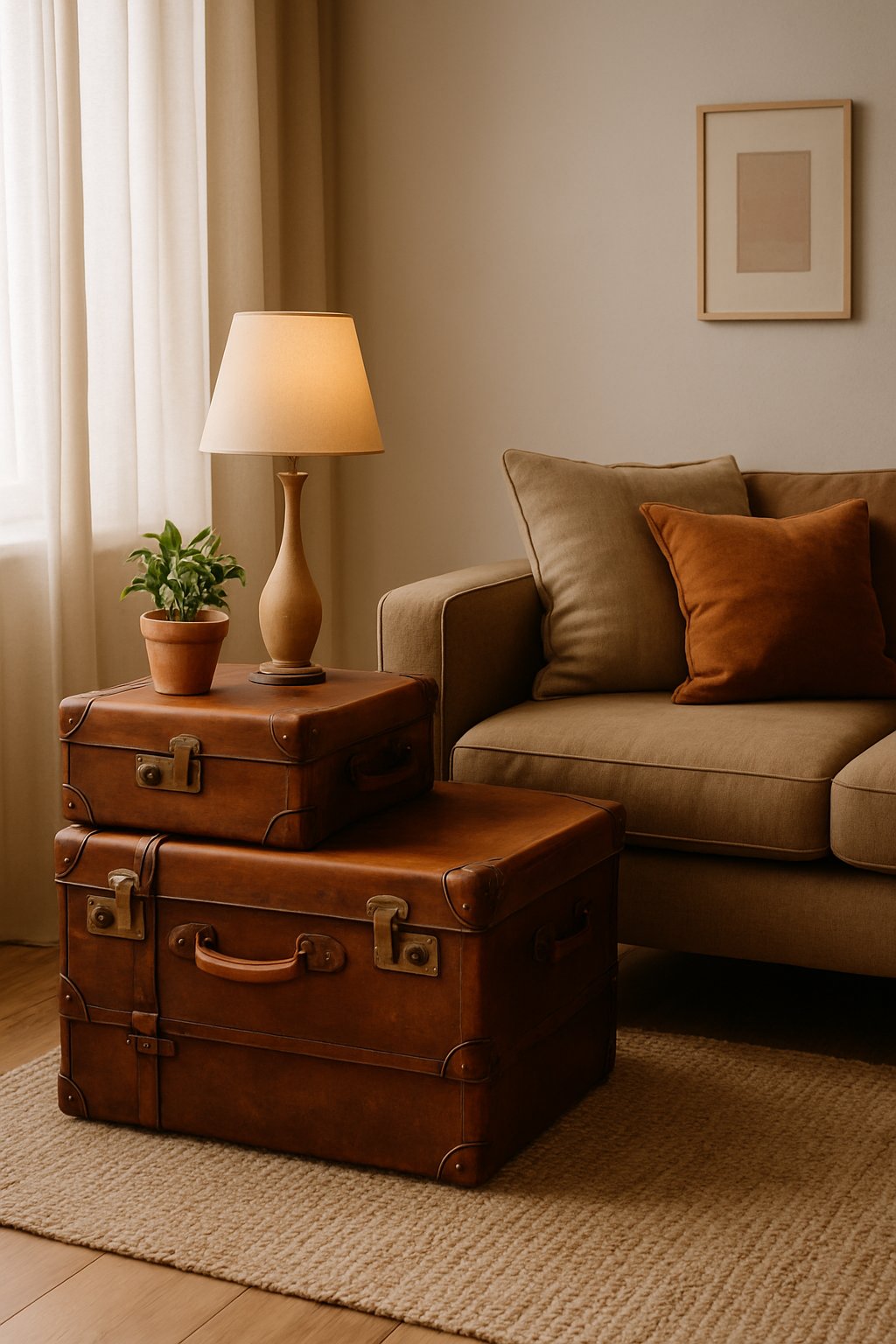 Living room with vintage brown suitcases used as side tables next to a sofa, decorated with plants and a lamp.