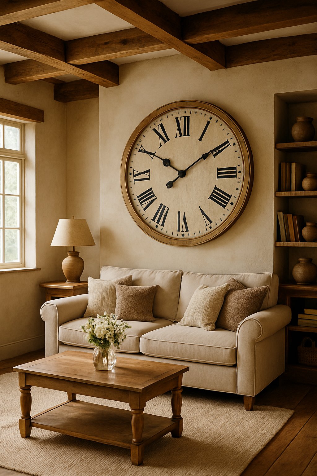 A living room with a large wall clock displaying Roman numerals above a sofa, decorated with wooden furniture and cozy accents.