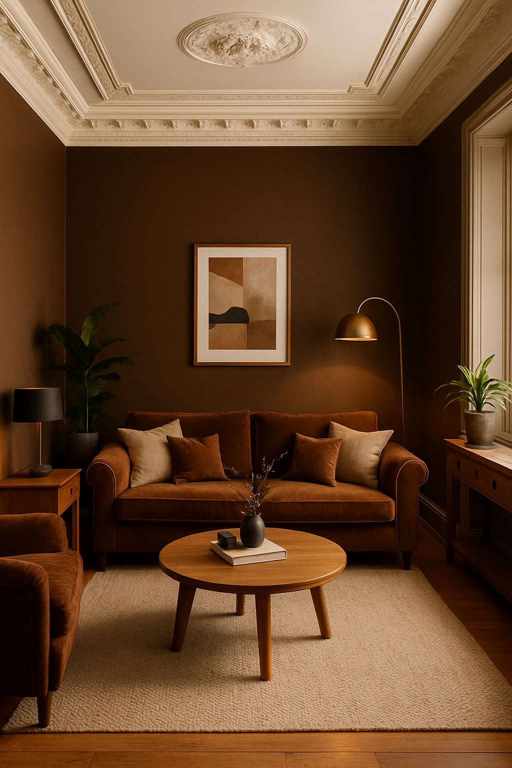 Living room with dark brown walls, ivory ceiling moldings, brown sofas, wooden furniture, and decorative plants.