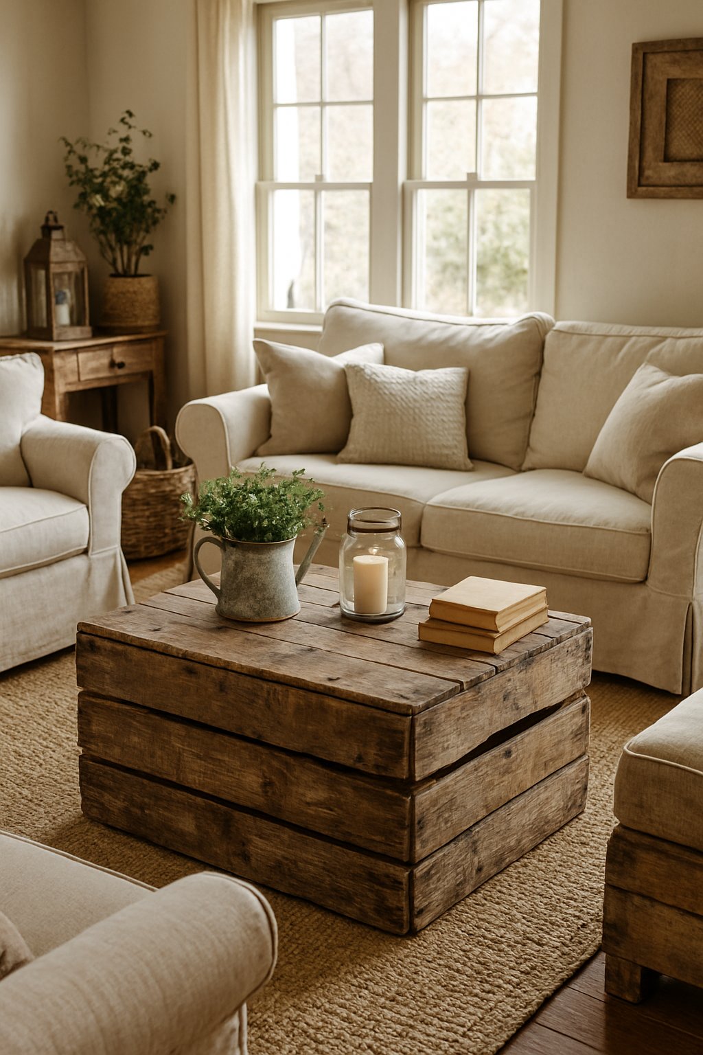 A living room with weathered wooden crates used as tables surrounded by comfortable seating and farmhouse decor.