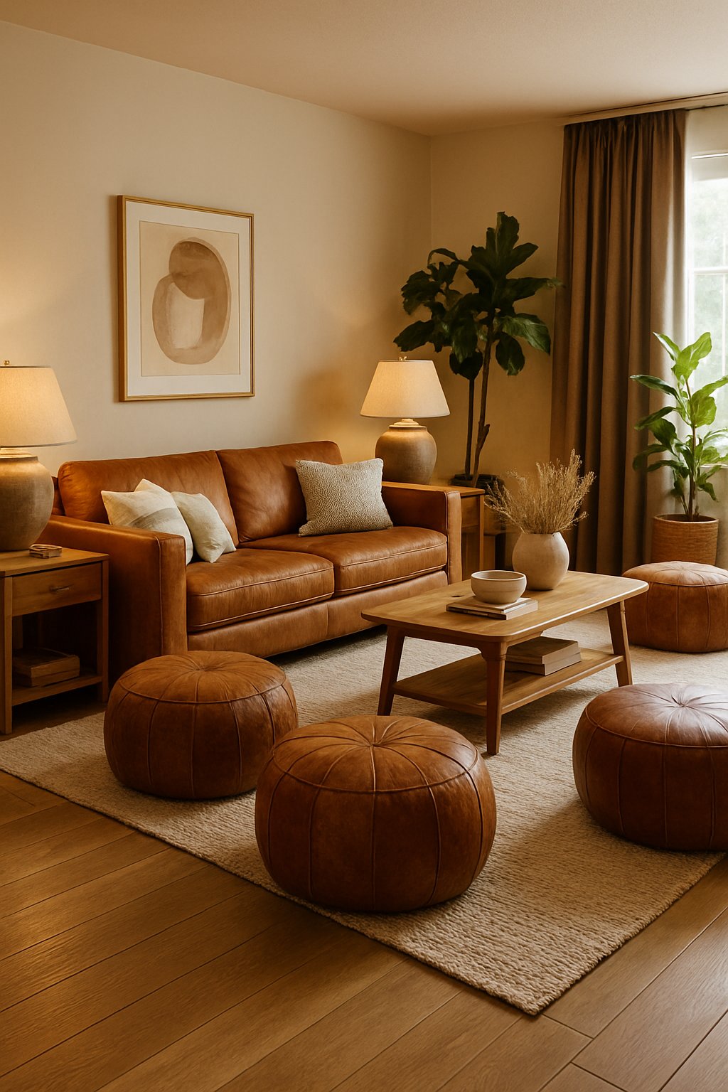 A living room with brown leather poufs arranged as extra seating around a sofa, surrounded by wooden furniture and plants.