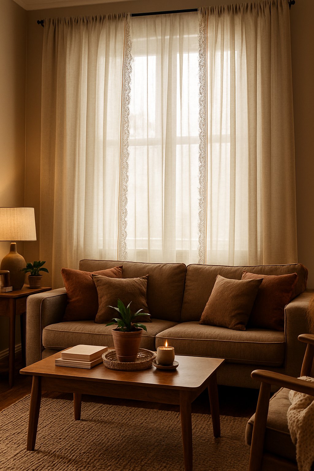 A living room with soft linen curtains with lace trims, warm brown furniture, and natural sunlight coming through the window.