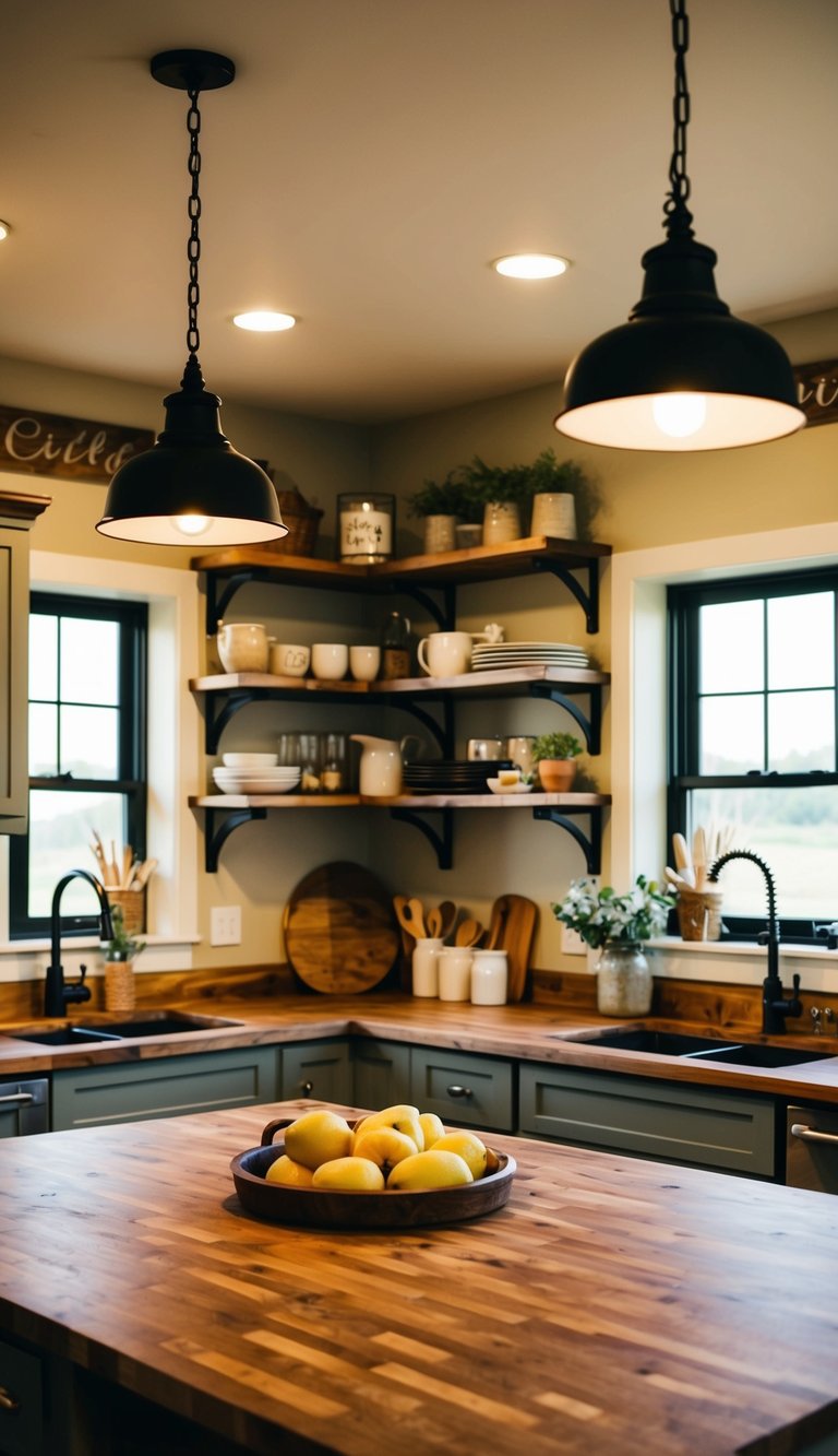 A cozy farmhouse kitchen with butcher block countertops, adorned with rustic decor and warm lighting