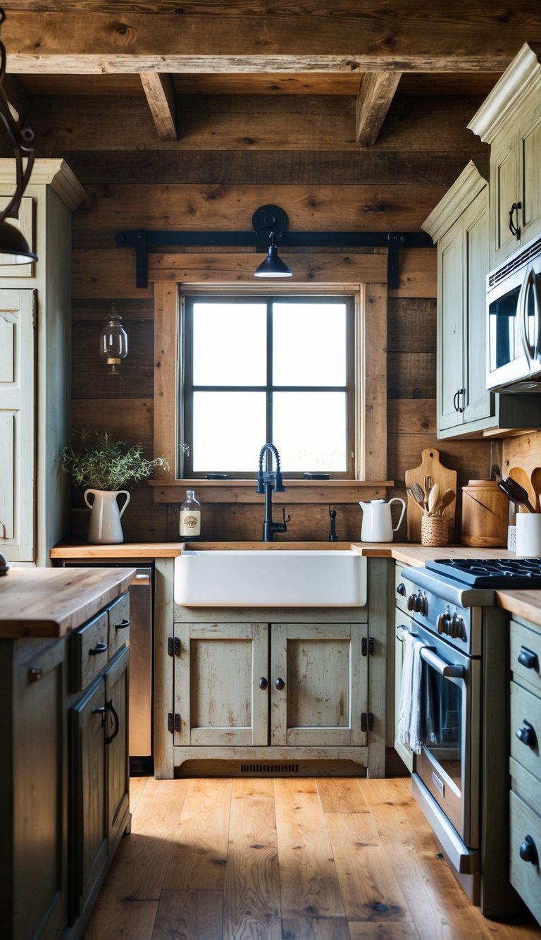 A rustic farmhouse kitchen with weathered barn doors, exposed wooden beams, and vintage decor