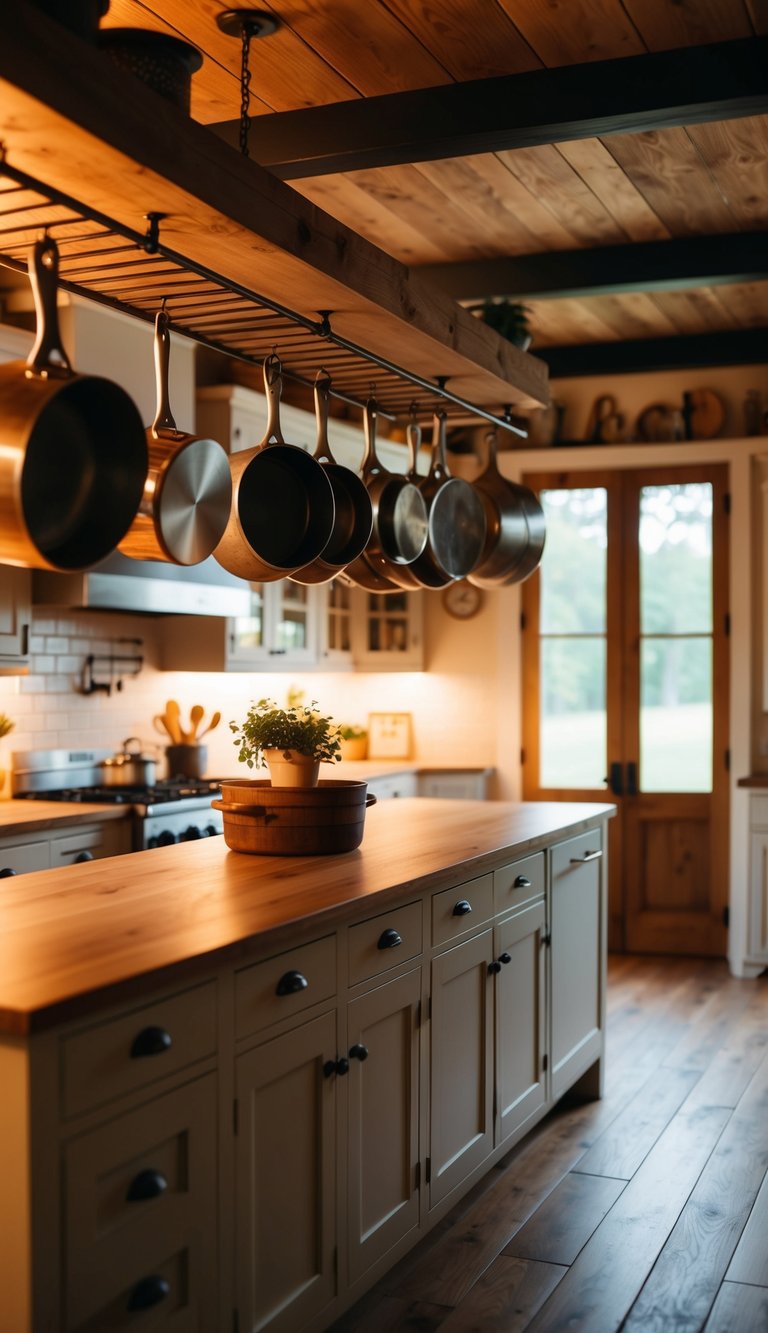 A cozy farmhouse kitchen with hanging rustic pot racks, warm lighting, and vintage decor