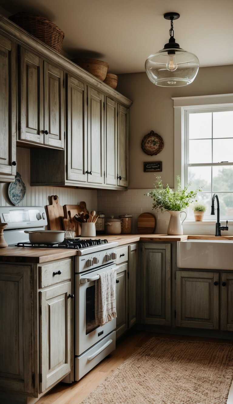 Weathered wood cabinets in a cozy farmhouse kitchen, with vintage decor and natural light streaming in through the windows
