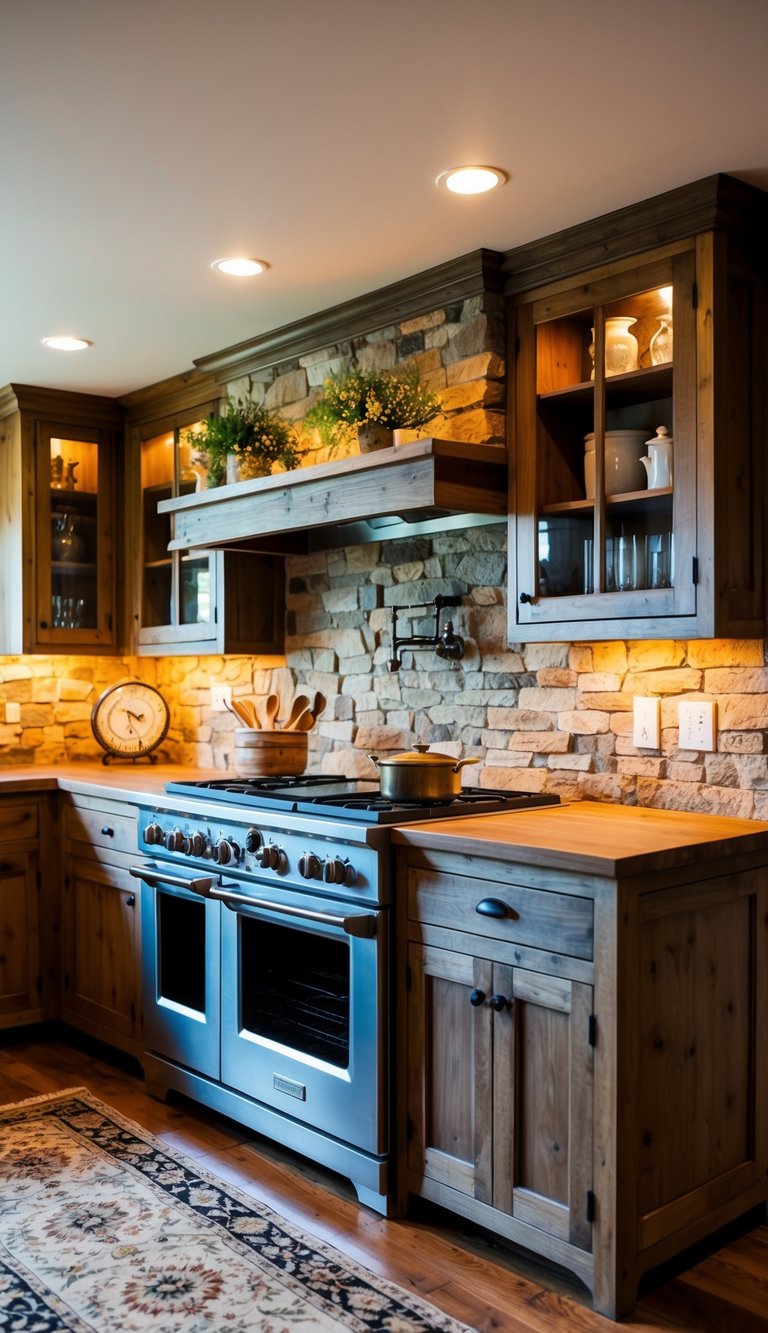 A rustic farmhouse kitchen with a natural stone backsplash, warm lighting, and vintage decor