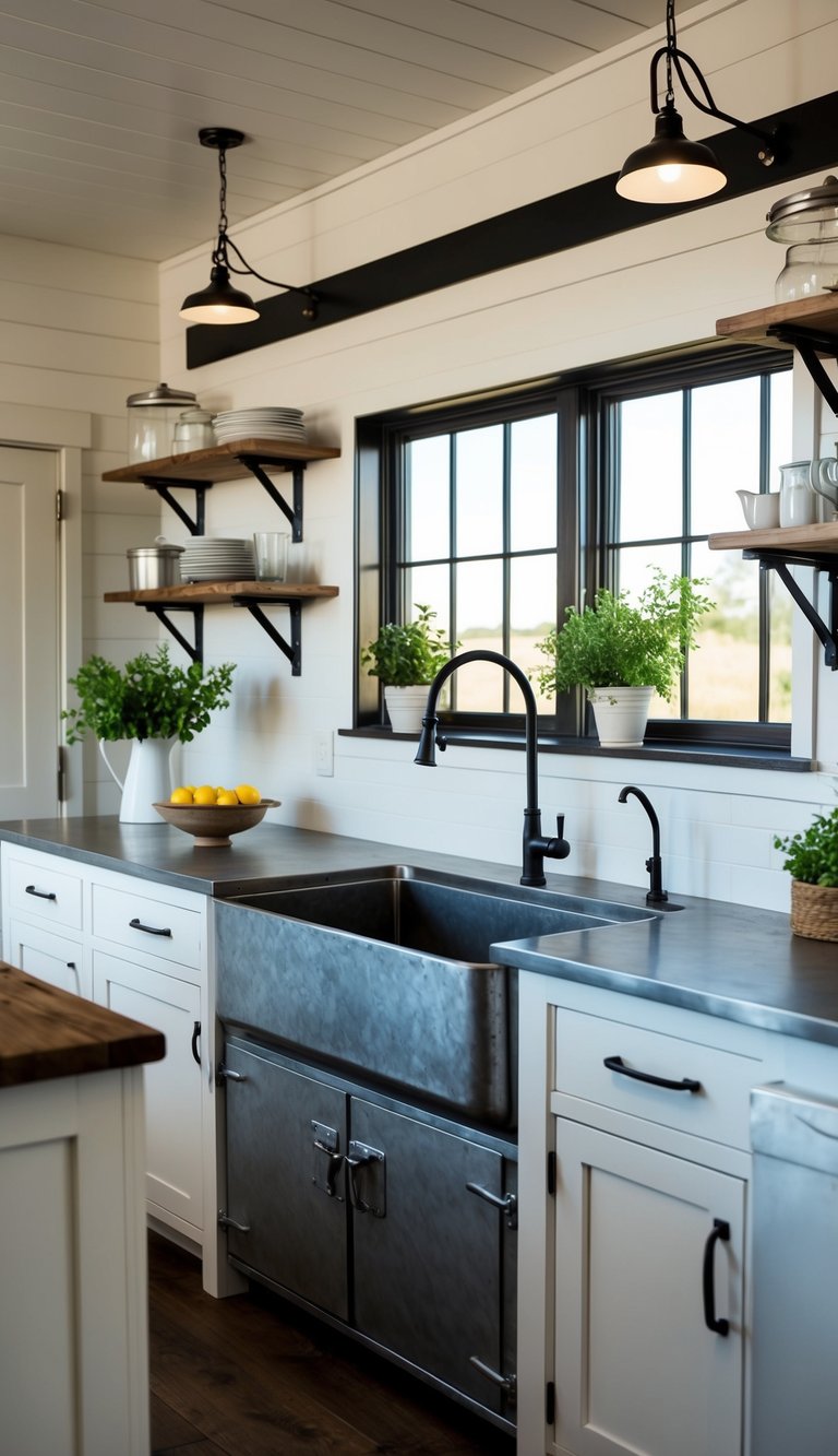 A rustic farmhouse kitchen with galvanized steel elements, including a farmhouse sink, pendant lights, and open shelving with metal brackets