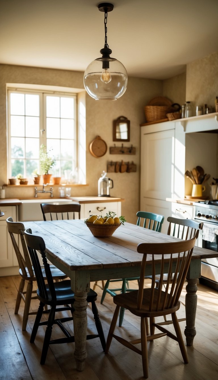 A weathered farmhouse table surrounded by mismatched chairs in a cozy rustic kitchen. Sunlight streams through the window, casting a warm glow on the worn wood