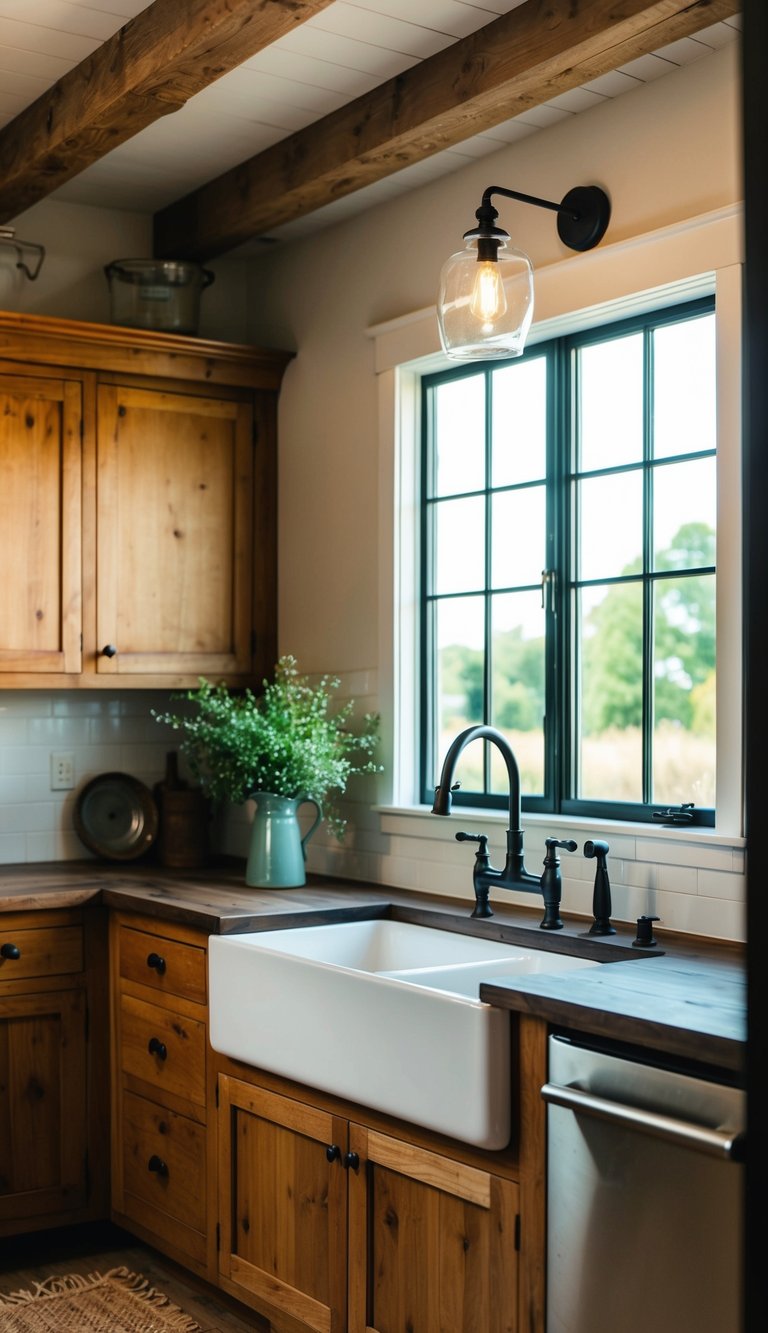 A rustic farmhouse kitchen with an apron front sink, surrounded by wooden cabinets, exposed beams, and natural light streaming in through a large window