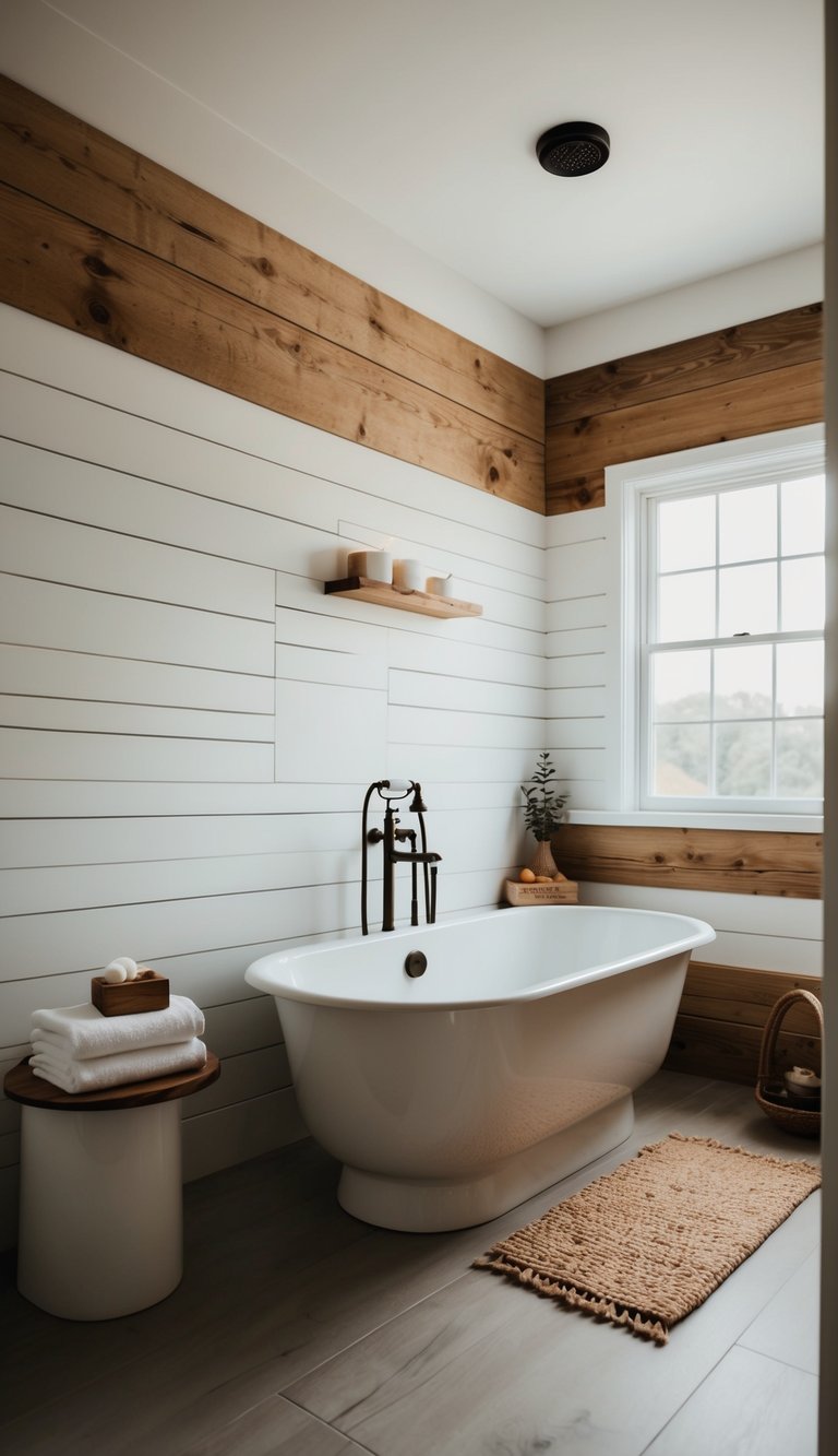A cozy bathroom with rustic white shiplap walls, featuring natural wood accents and a serene, spa-like atmosphere