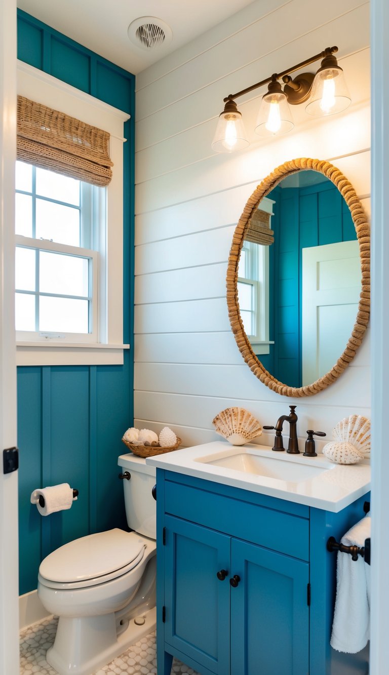 A serene bathroom with nautical blue accents and shiplap walls, adorned with seashells and a rustic mirror