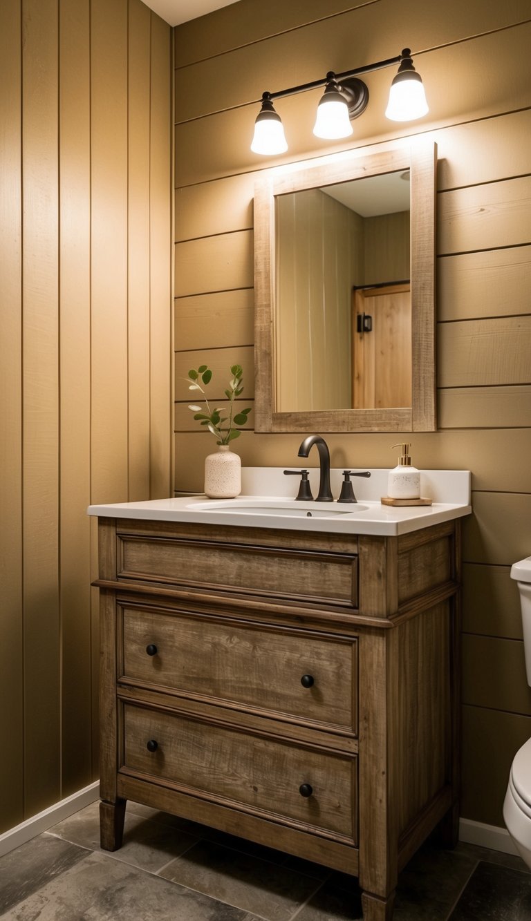 A weathered wood vanity stands against a shiplap wall in a rustic bathroom. The warm tones and textured surfaces create a cozy and inviting atmosphere