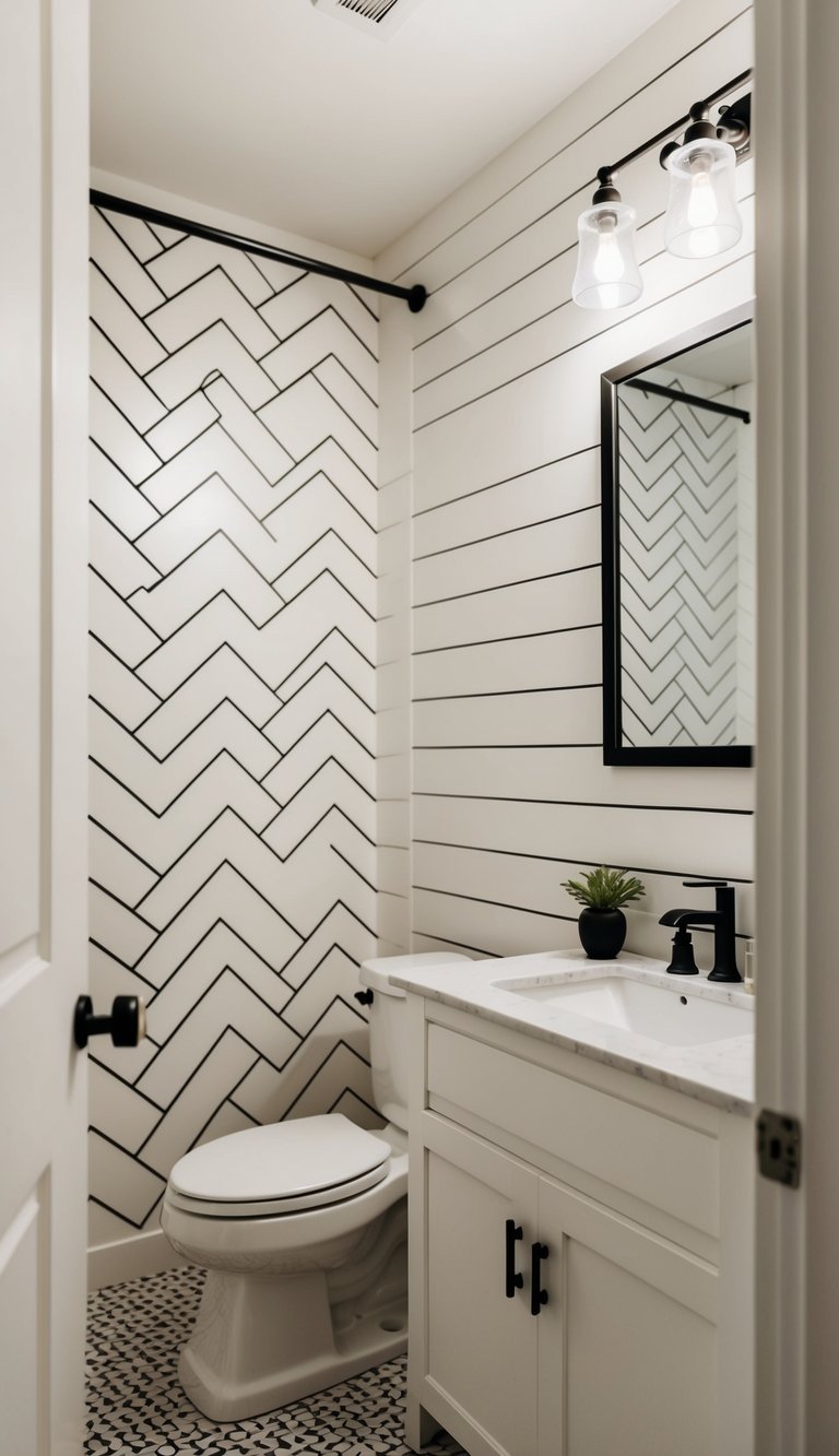 A bathroom with chevron shiplap walls, white fixtures, and natural light