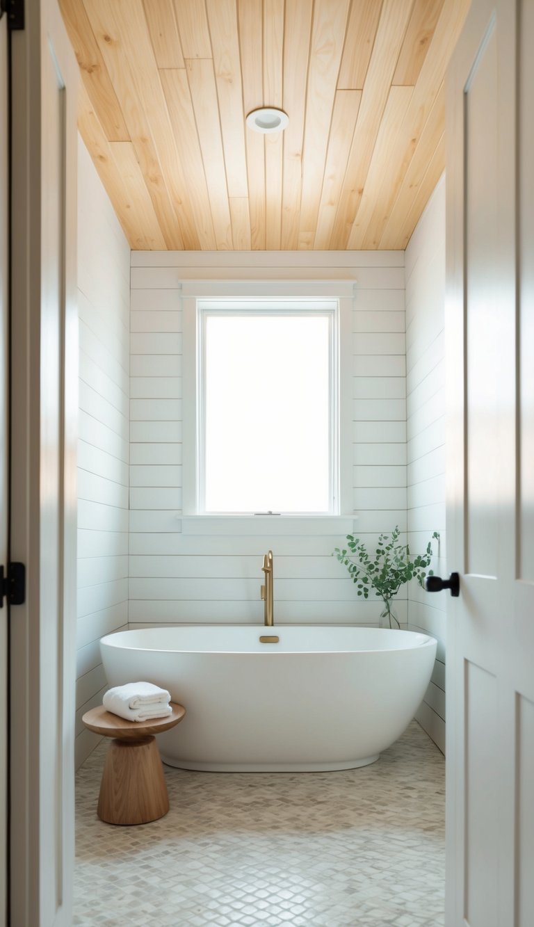 A serene bathroom with a minimalist shiplap ceiling, featuring clean lines and natural wood tones