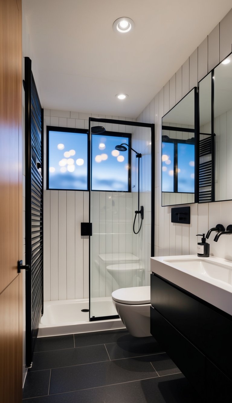 A sleek, modern bathroom with bold black fixtures and shiplap walls