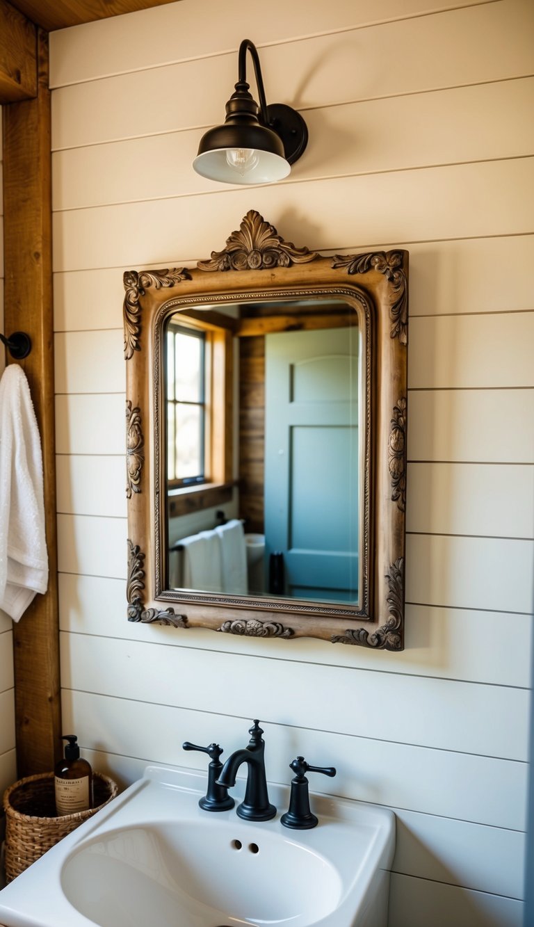 A vintage-inspired mirror hangs on shiplap wall in a cozy bathroom with rustic decor