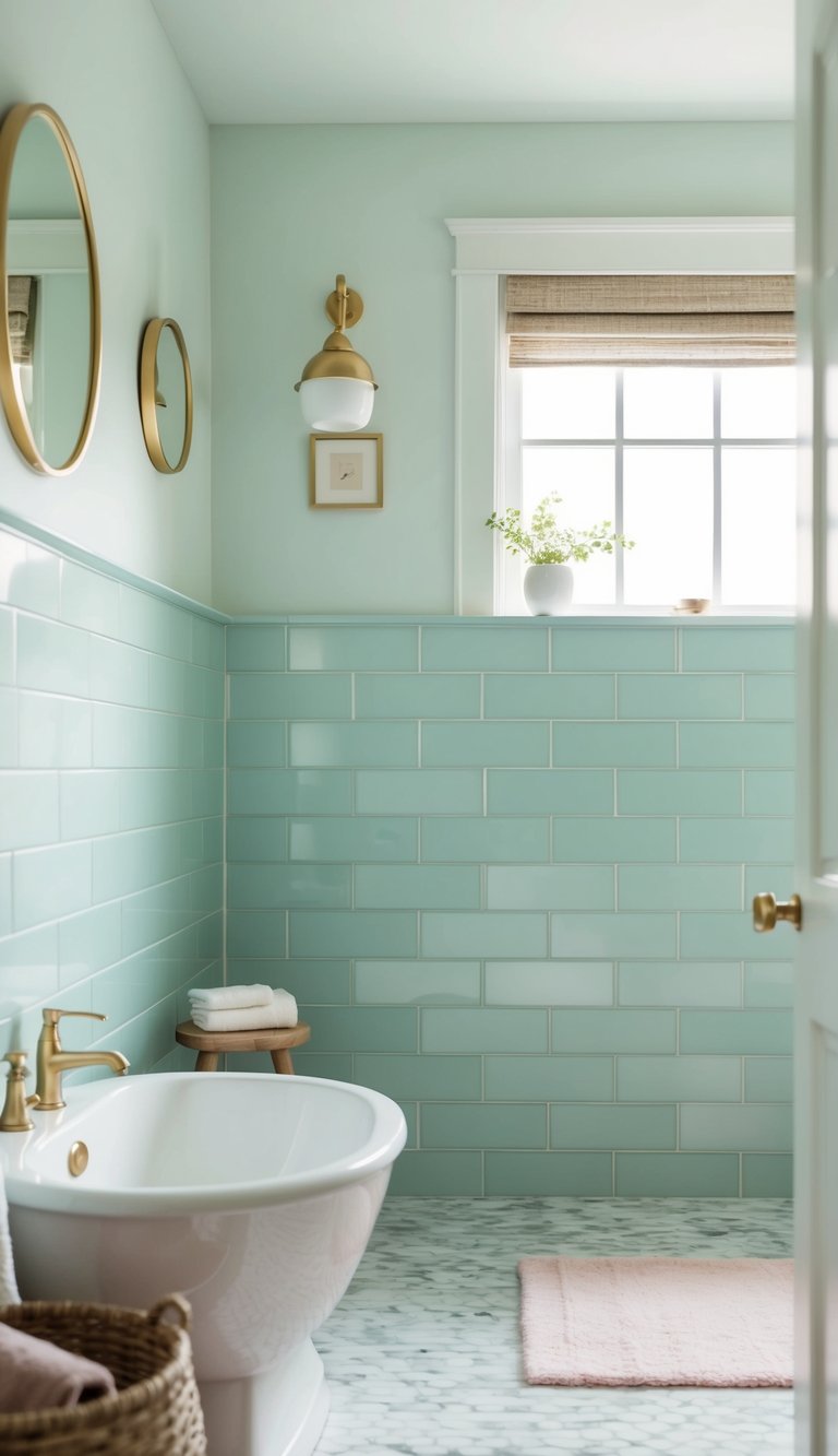 A serene bathroom with soft pastel tiles arranged in a shiplap pattern, creating a calming and elegant atmosphere