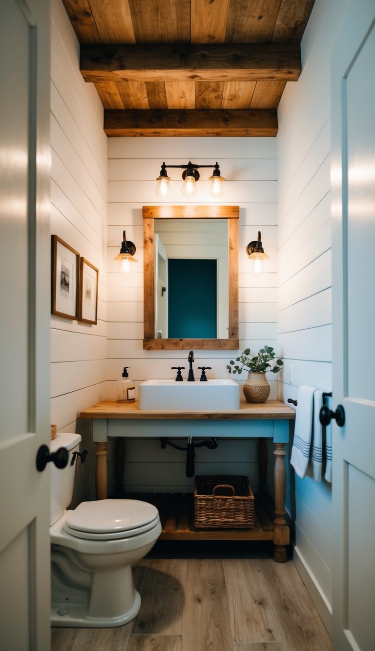 A rustic farmhouse bathroom with shiplap walls, vintage-style lighting, and natural wood accents