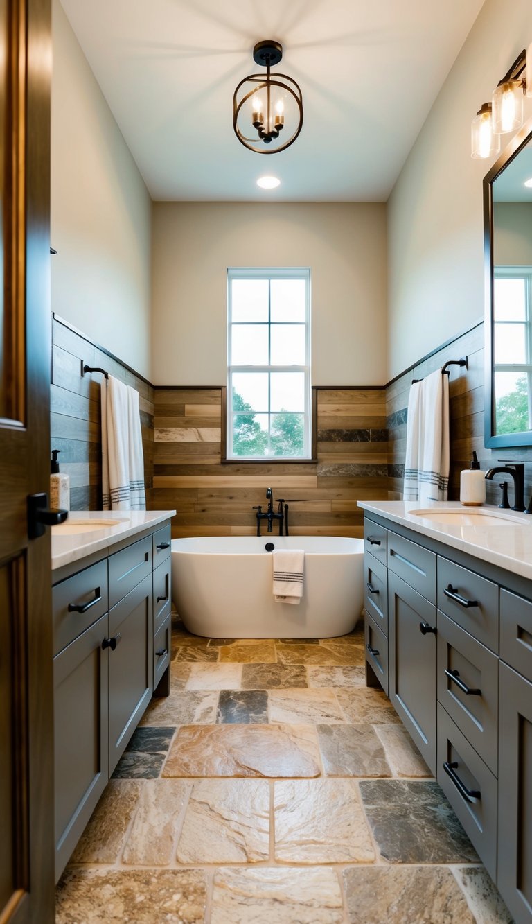 A spacious bathroom with natural stone flooring, featuring shiplap walls and a variety of design ideas for a modern and elegant aesthetic