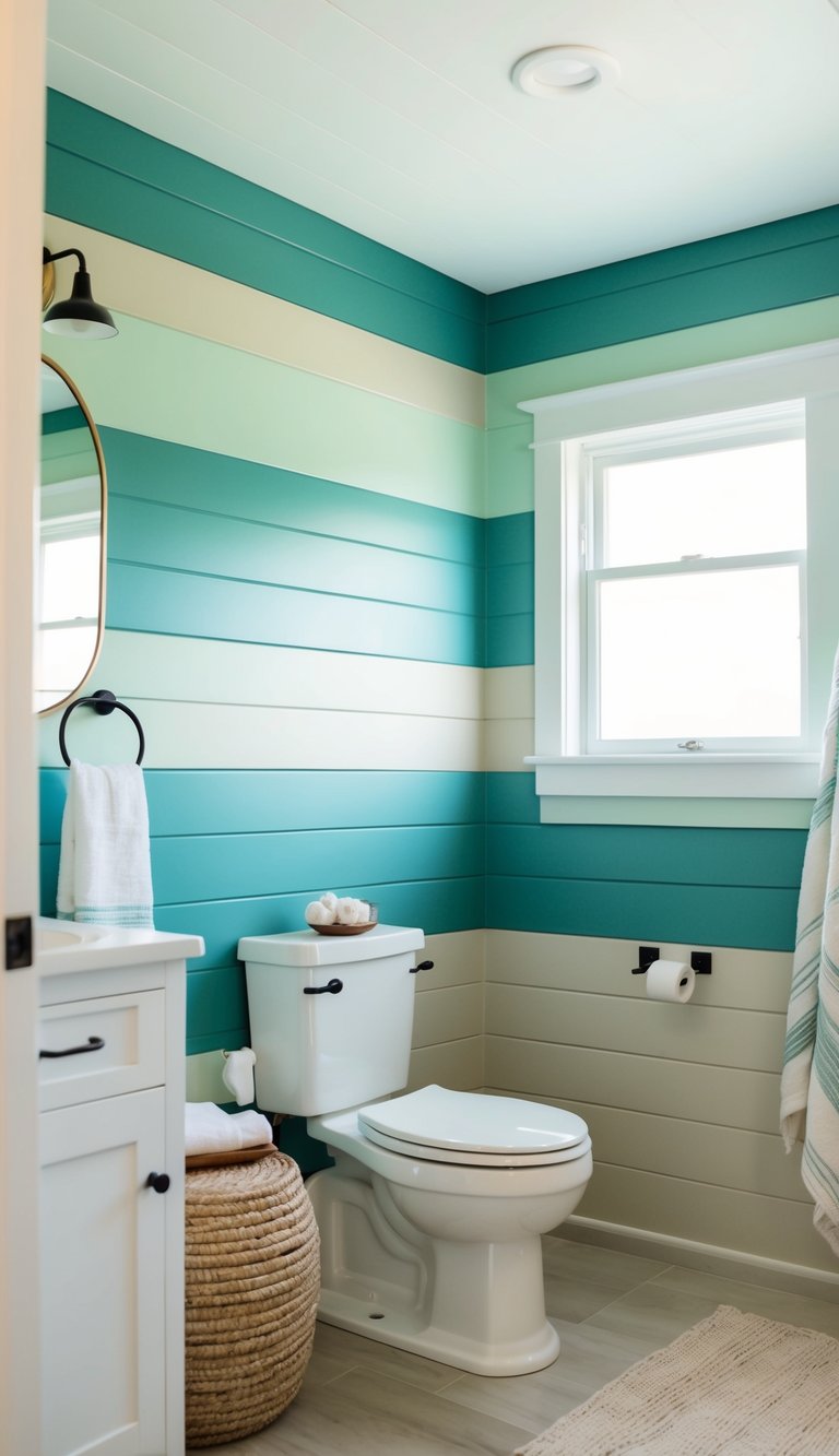 A serene shiplap bathroom with a color palette inspired by the ocean. Soft blues, greens, and sandy neutrals create a tranquil and coastal atmosphere