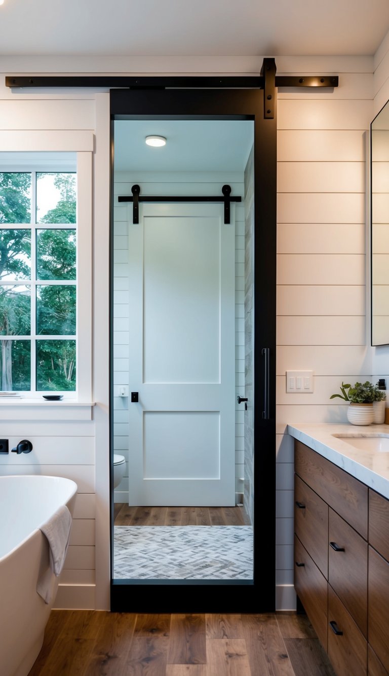 A sleek barn door separates a modern shiplap bathroom from the rest of the house, adding a touch of rustic charm to the contemporary design
