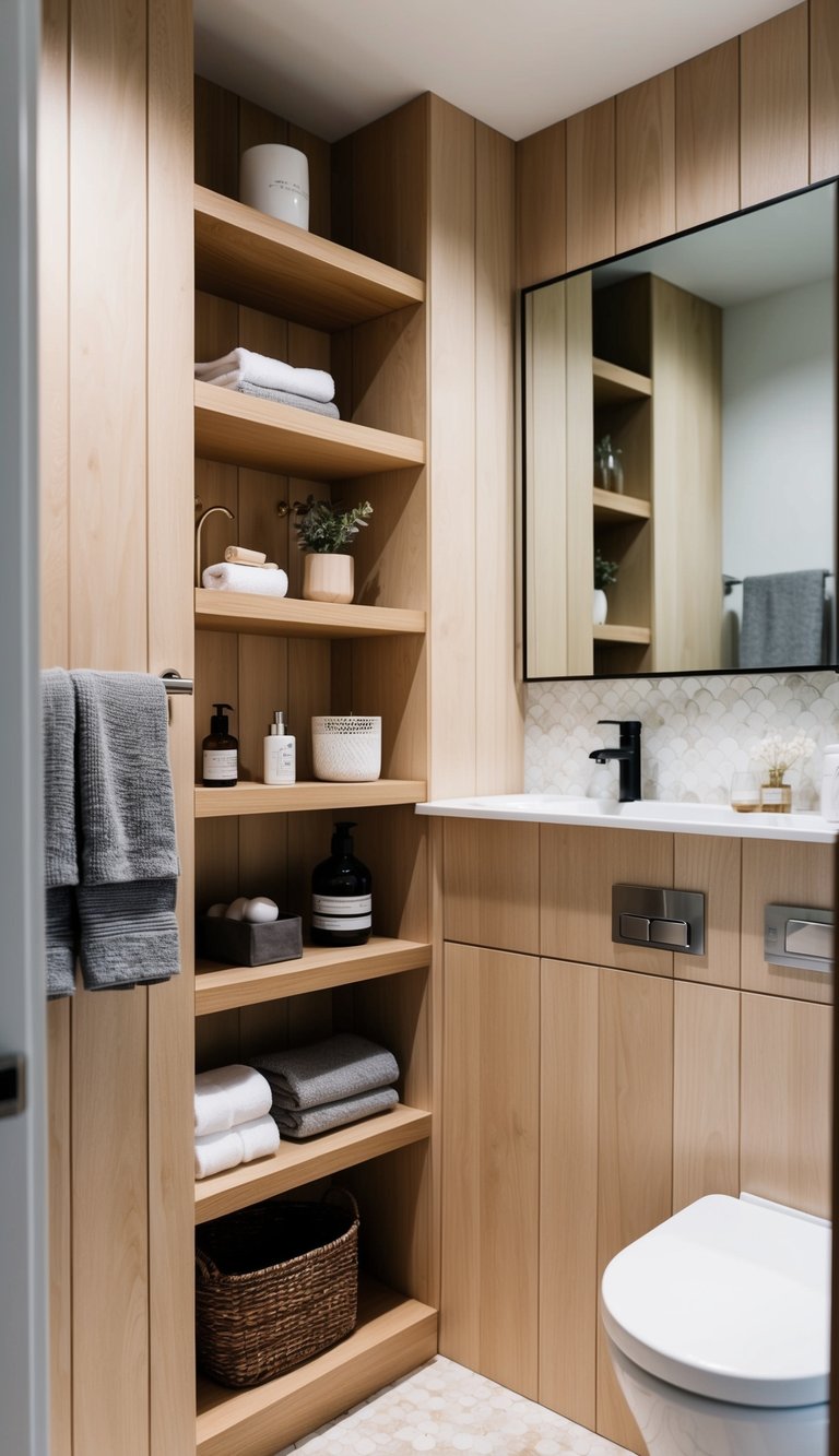 A modern bathroom with open shelving made of shiplap wood, showcasing decorative items and neatly organized bathroom essentials