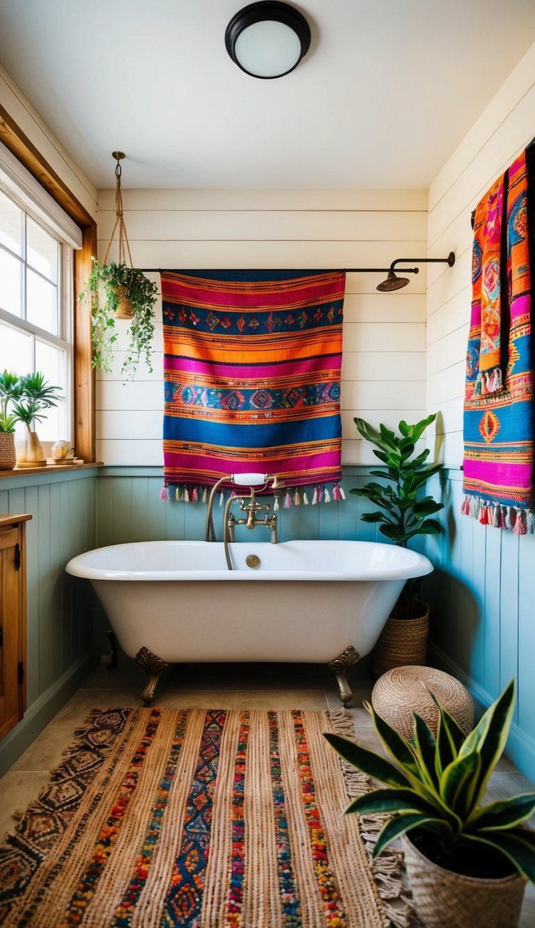 A rustic bathroom with shiplap walls adorned with colorful bohemian textiles and woven rugs. A vintage clawfoot tub and plants add to the eclectic atmosphere