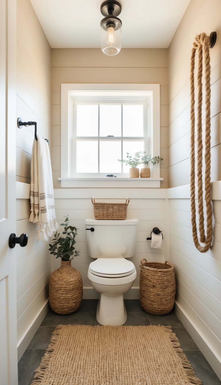 A rustic bathroom with jute rope accessories, featuring shiplap walls and natural light