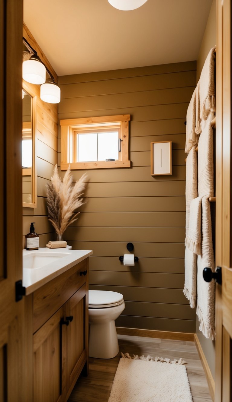 A cozy bathroom with warm earthy tones, featuring shiplap walls and natural wood accents