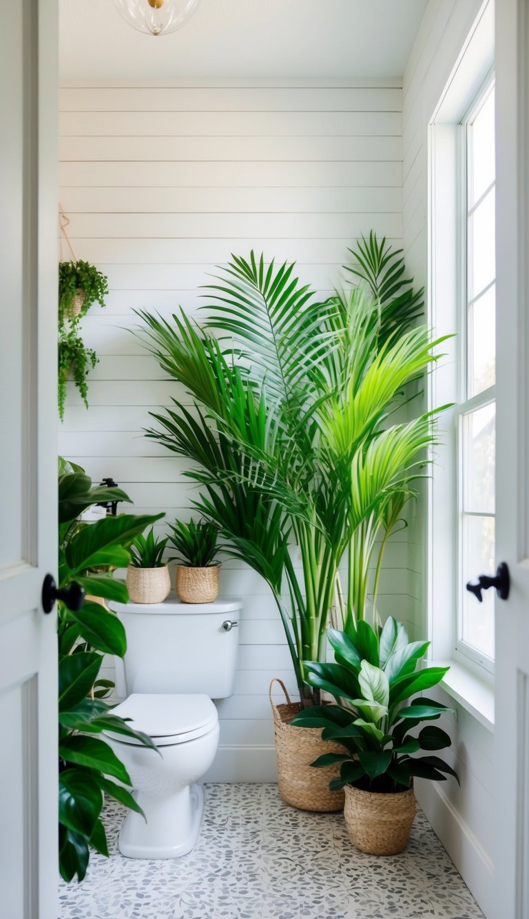 Lush, tropical green plants adorn a bright, airy bathroom with shiplap walls and natural light streaming in
