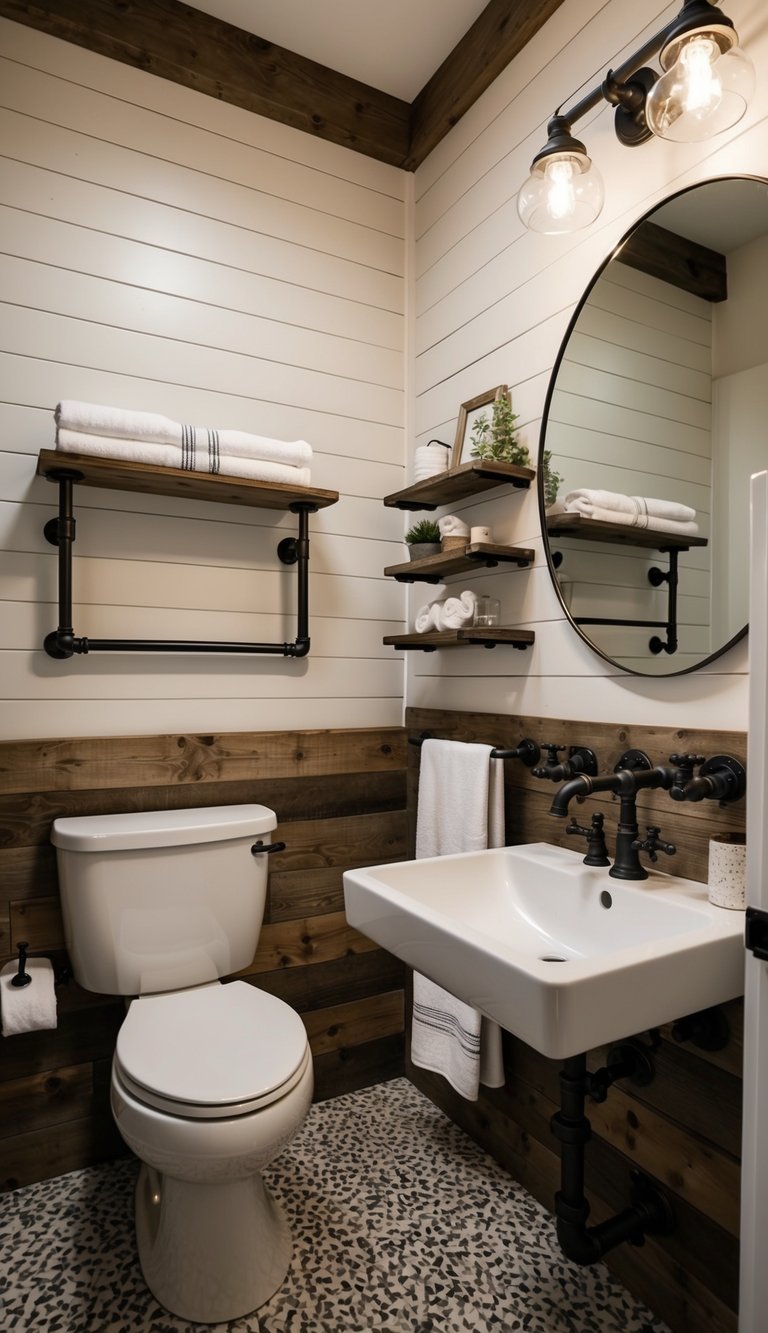 A rustic bathroom with shiplap walls, adorned with industrial pipe hardware for towel racks, shelves, and other accessories