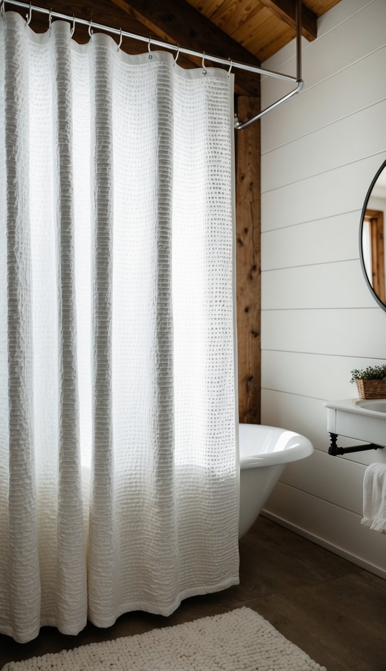 A white textured shower curtain hangs in a rustic bathroom with shiplap walls and natural light streaming in