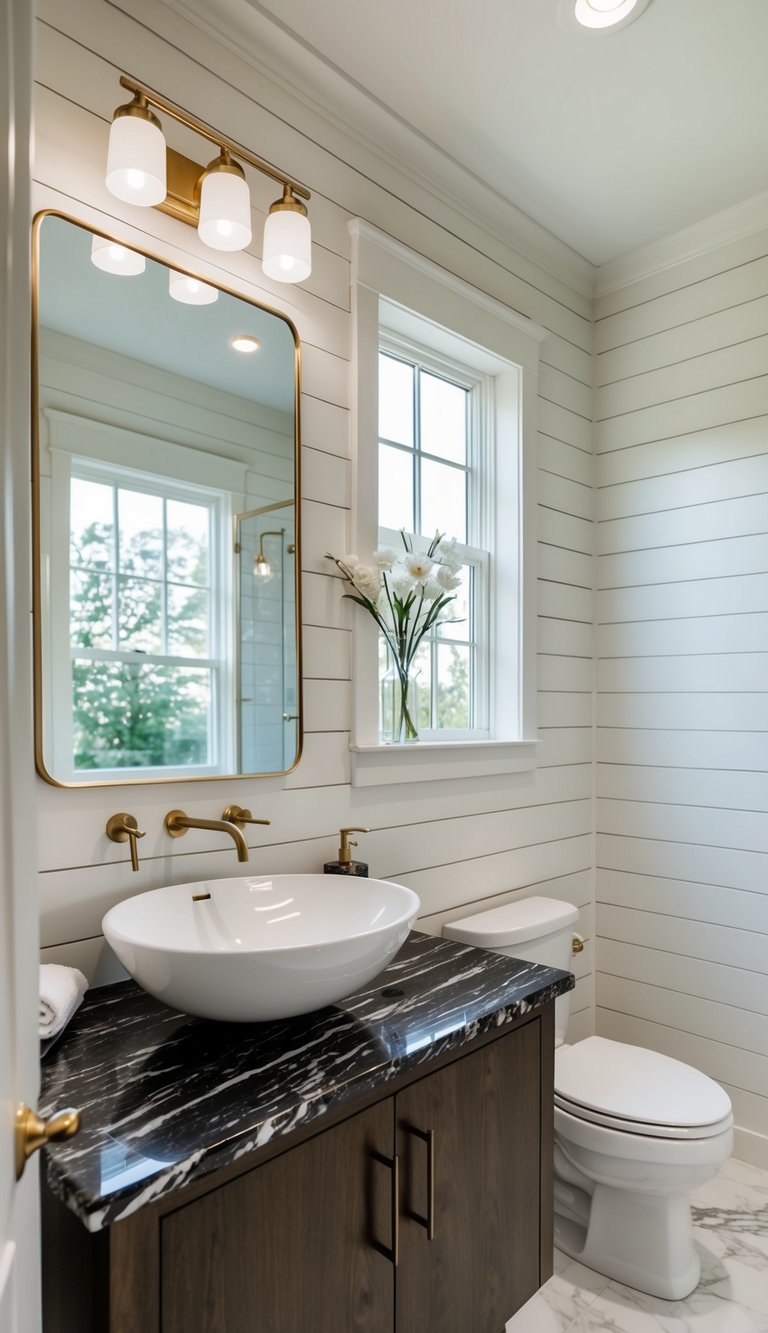 A luxurious bathroom with a sleek marble countertop and elegant shiplap walls