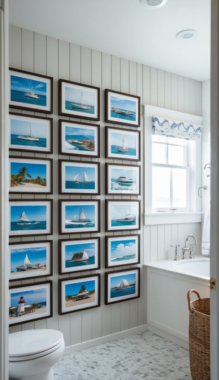 A coastal bathroom with shiplap walls, featuring 24 framed artwork displays of nautical scenes, seascapes, and marine life