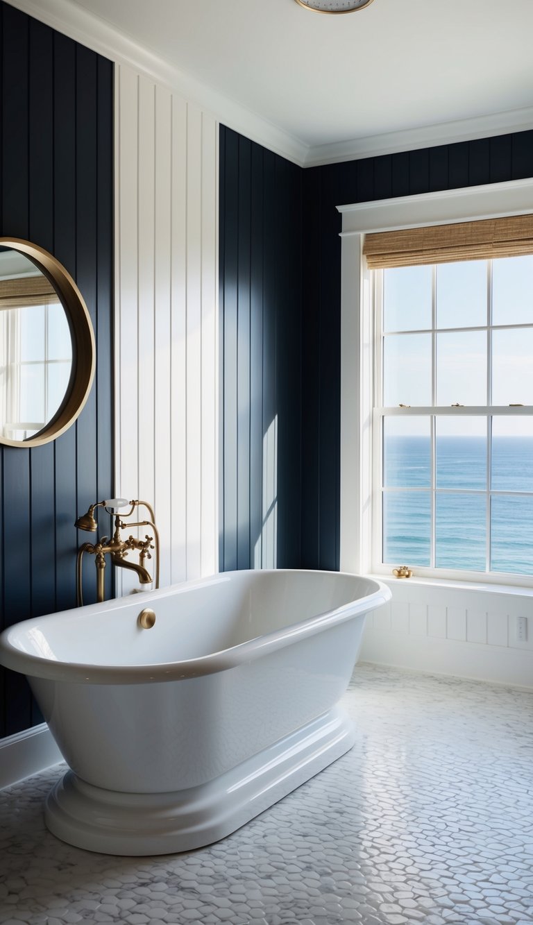 A spacious bathroom with navy and white shiplap walls, a freestanding tub, and a large window overlooking the ocean
