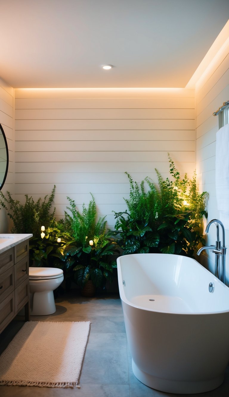 Soft, ambient lighting illuminates a serene spa-like bathroom with shiplap walls, a freestanding bathtub, and lush greenery creating a tranquil atmosphere