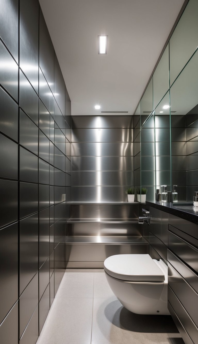 A sleek, modern bathroom with metallic finish shiplap walls, reflecting light and adding a touch of industrial elegance to the space