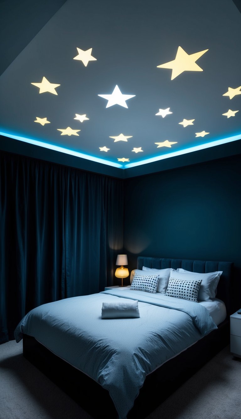 A dark bedroom with glow-in-the-dark star ceiling decals, creating a whimsical and dreamy atmosphere